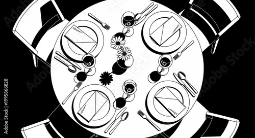Round Table Setting with Plates and Cutlery Ready for a Meal.