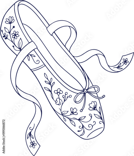 Floral Ballet Pointe Shoe Illustration with Ribbons
