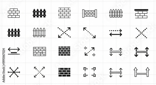 Collection of Icons Representing Fences Walls and Measurement Symbols.