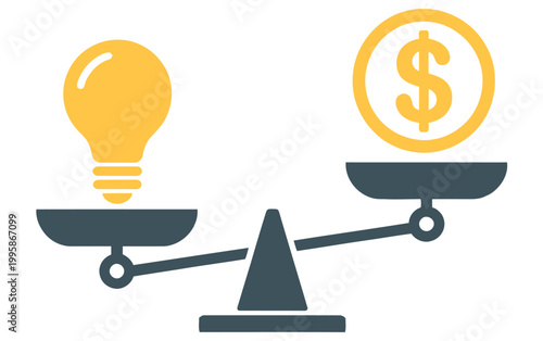 Illustration of a balanced scale holding a glowing lightbulb and a dollar sign, symbolizing smart financial decisions, innovation, and business growth. Ideal for marketing, finance, and educational.