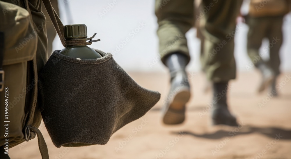 Obraz premium Military soldiers walking in desert with backpack and water canteen attached to gear. Soldiers carry essential supplies, emphasizing readiness and endurance in challenging conditions.