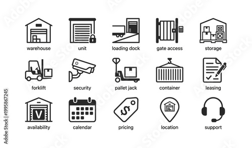 Warehouse and logistics icons displayed in grid on white background