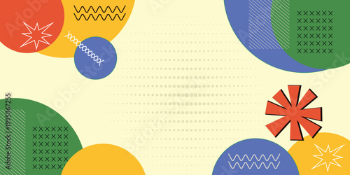 Retro Memphis Abstract Background with Colorful Geometric Shapes and Decorative Elements, 90s Style Pattern with Organic Composition Vector Illustration