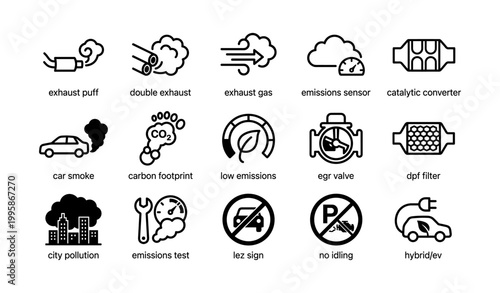 Vehicle emissions and pollution icons arranged in grid on white