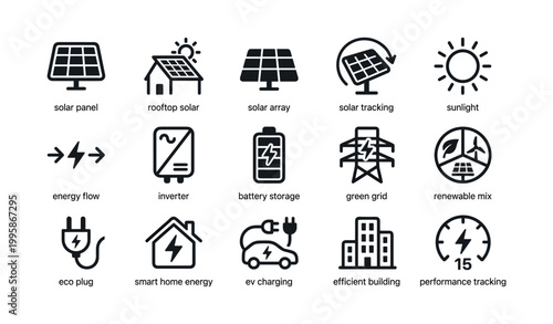 Solar energy icons arranged in labeled grid on white background