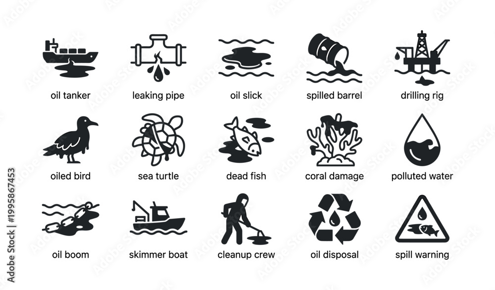 Fototapeta premium Oil spill icons showing pollution causes and cleanup on white