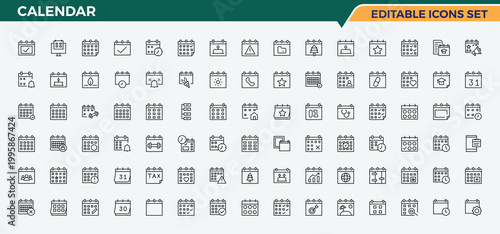 Calendar icon set. Vector outline icons collection. Editable stroke collections. Date and Time line icon set. Includes symbols for date and time, month, organize, deadline, date and more.
