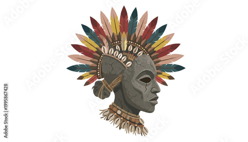 asaro mudman mask tribal vector illustration with feathers on transparent background