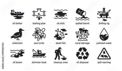 Oil spill icons showing pollution causes and cleanup on white