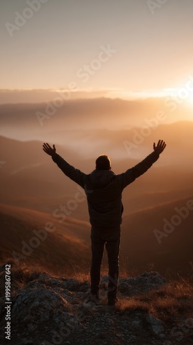 silhouette of a man with hands up on the top of the mountain in sunset light