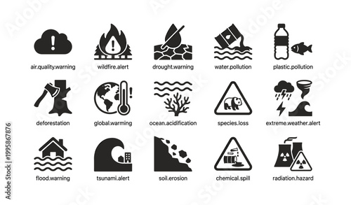Environmental hazard icons arranged in grid on white background