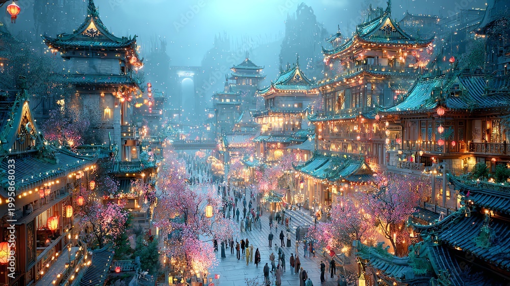 Obraz premium Vibrant cityscape with illuminated structures.