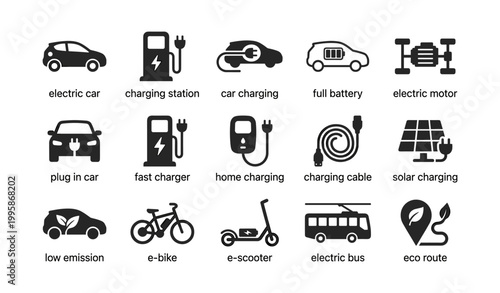 Electric vehicle charging icons displayed in grid on white