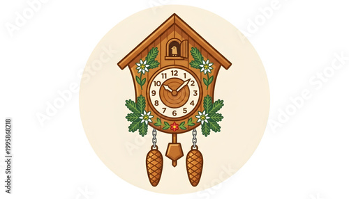 simplified bavarian cuckoo clock vector illustration with pinecone weights and floral ornaments on transparent background