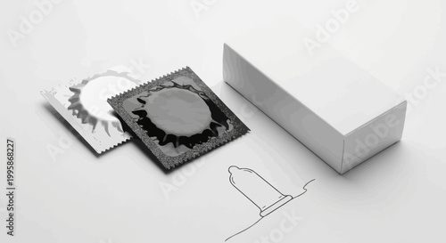 Condom Packaging and Outline Drawing on White Surface