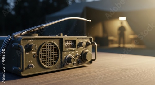 Military radio on wooden table near tent during dusk. Military radio connects personnel in outdoor environment, delivering crucial communications.