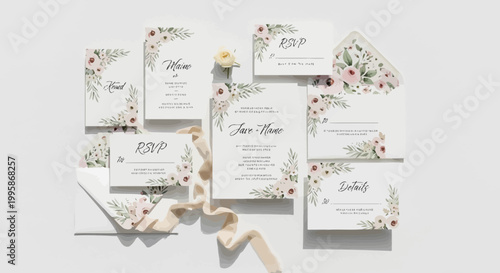 Wedding Invitation Suite Floral Design with RSVP Cards and Envelopes