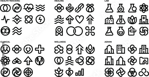 Symbols depicting medical and administrative concepts are organized into distinct categorized sections.