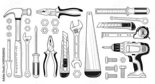 Collection of various hand and power tools for construction and repair.