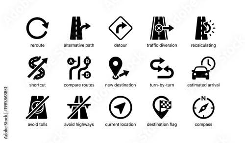 Navigation reroute icons showing route options grid