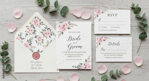 Wedding Invitation Suite with Floral Design and Rose Petals