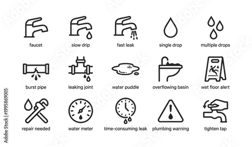Set of icons depicting plumbing and water leak on white background