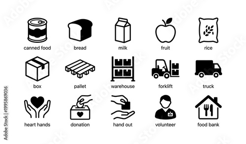Set of icons depicting food donation and logistics on white background