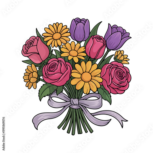Simple Vector Flower Bouquet with Lavender Ribbon