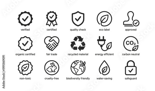 Certification and eco label icons arranged on white background