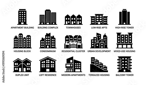 Residential and urban housing icons on white background