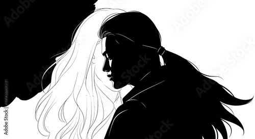 Stark black and white illustration of two contrasting figures, a white outline and black silhouette, representing duality, conflict, and emotional contrast.