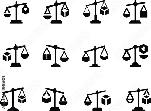 Weight comparison line art collection, business decision and fairness concept, minimalist justice scale icons for UI design