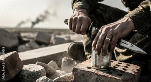 Soldier working with knife on metal canister in war zone with debris around. Close-up of soldier's hands shows focus and determination working in difficult environment of conflict.