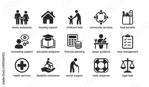 Social services icons showing assistance programs and support on white