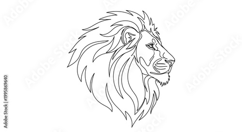 Elegant Lion Head Profile Line Art Illustration with Majestic Flowing Mane. Minimalist Wild Animal Outline Drawing for Design