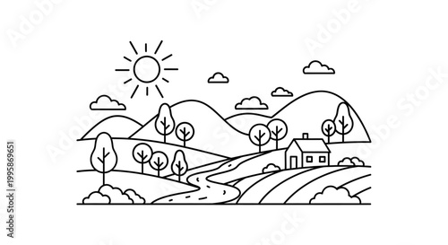 Minimalist black outline drawing of a serene rural landscape with rolling hills, winding river, small country house, and sunny sky