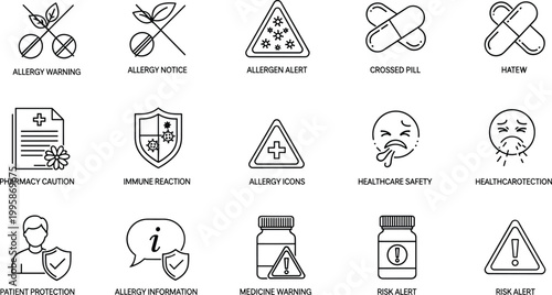 Set of line art icons related to health, medicine, and safety warnings vector illustration