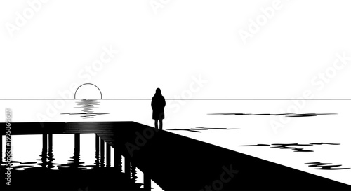 Solitary silhouette of a person standing on a pier, observing a tranquil sunset over calm water in a minimalist black and white scene.