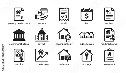 Real estate and tax icons showing government and payment items