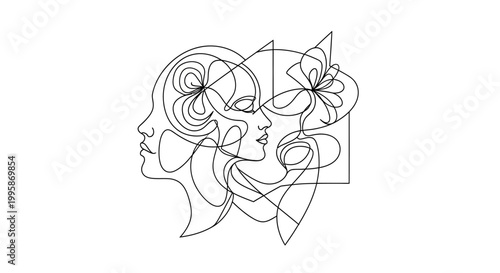 Continuous Line Art of Abstract Human Profiles with Floral Elements and Geometric Shapes. Minimalist Duality, Mind, and Nature Concept.