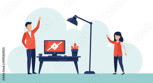 Vector illustration of man and woman waving during a virtual meeting, remote work, or online communication from home office.