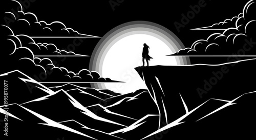 Dramatic monochrome illustration of a lone figure on a cliff edge overlooking a vast mountain landscape with a bright moon.