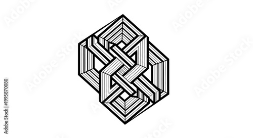Intricate Geometric Optical Illusion. Impossible 3D Interlocking Knot Design. Abstract Line Art Pattern on Clean White Background.