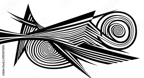Dynamic abstract black and white vector design with flowing lines, sharp angles, and swirling spiral patterns. Modern graphic art element.