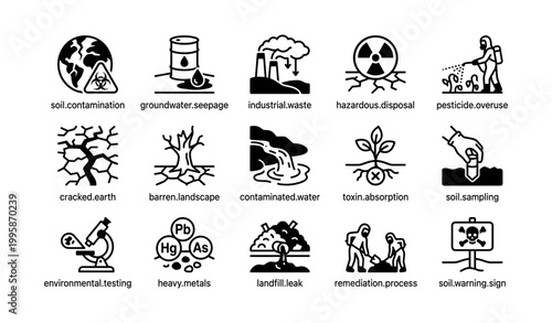 Soil contamination icons depicting pollution sources and hazards