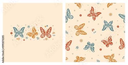 Set of Seamless Pattern and T-shirt Print with Stylized Butterflies with Floral Elements. Vector Illustration, Hand drawn
