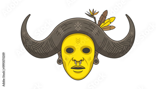 huli wigman face vector illustration with yellow paint and traditional horn wig on transparent background