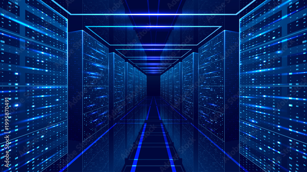 Obraz premium Data Server Room. Glass Mirror Floor. Modern Data Center. Glowing Server Racks and Flowing Digital Connections. Futuristic Cloud Infrastructure Visualization. Technology Background in Tech Blue Colors
