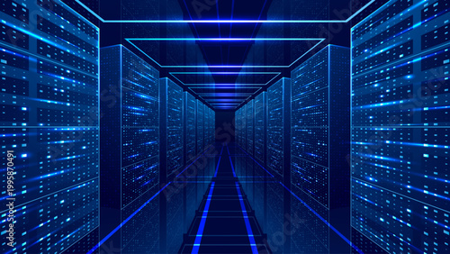 Data Server Room. Glass Mirror Floor. Modern Data Center. Glowing Server Racks and Flowing Digital Connections. Futuristic Cloud Infrastructure Visualization. Technology Background in Tech Blue Colors