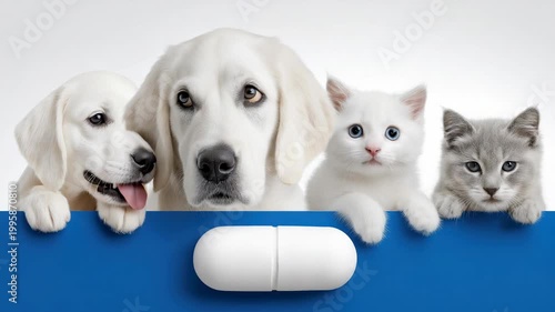 Static shot of puppies and kittens peeking over blue ledge in studio white backdrop close up group portrait with paws on edge and bright lighting